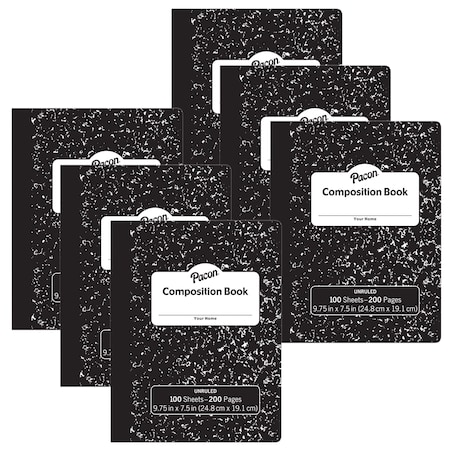 Pacon Composition Book, Black Marble, Unruled 9-3/4in. x 7-1/2in., 100 Sheets, 6PK PMMK37145